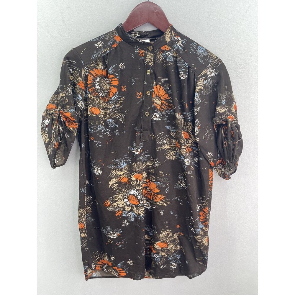 70s Blouse Brown Floral Women’s Size 10 Button Up Top VTG Boho Hippie Artsy
